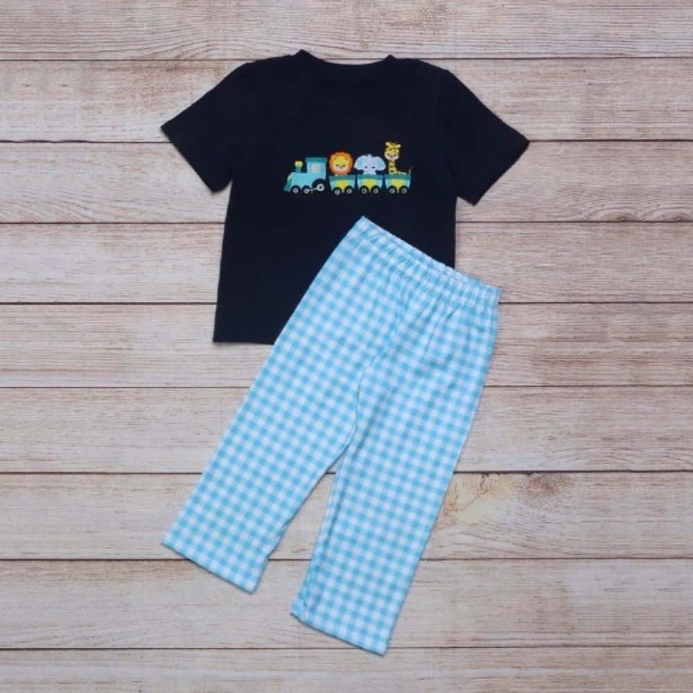 Boutique Boys Jungle Zoo Animals Train Boy Short Sleeve Outfit Set